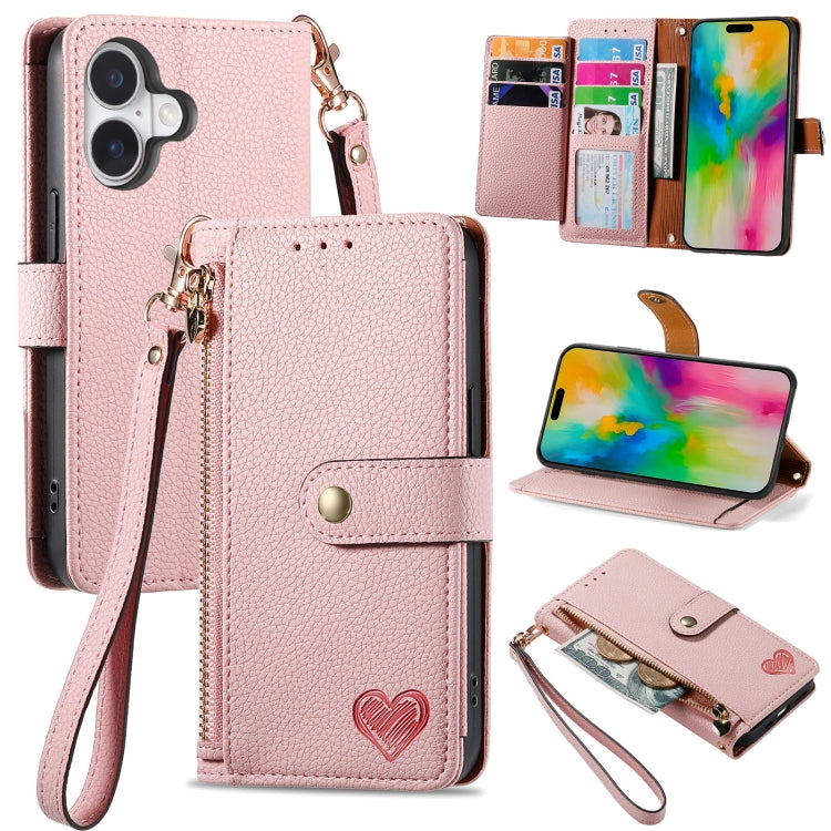 For iPhone 16 Plus Love Zipper Lanyard Leather Phone Case(Pink) - iPhone 16 Plus Cases by PMC Jewellery | Online Shopping South Africa | PMC Jewellery | Buy Now Pay Later Mobicred