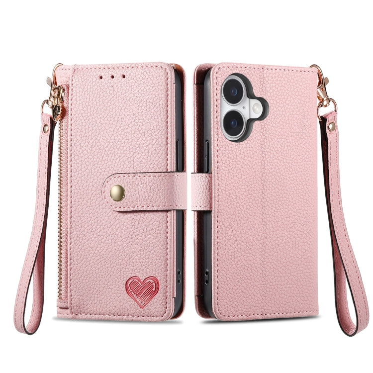 For iPhone 16 Plus Love Zipper Lanyard Leather Phone Case(Pink) - iPhone 16 Plus Cases by PMC Jewellery | Online Shopping South Africa | PMC Jewellery | Buy Now Pay Later Mobicred