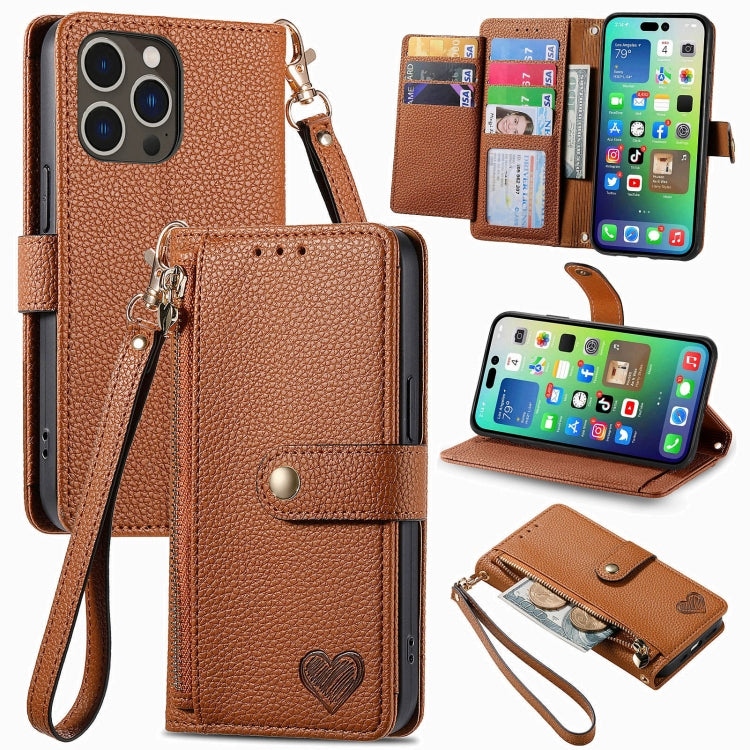 For iPhone 16 Pro Love Zipper Lanyard Leather Phone Case(Brown) - iPhone 16 Pro Cases by PMC Jewellery | Online Shopping South Africa | PMC Jewellery | Buy Now Pay Later Mobicred