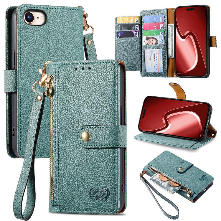 For iPhone 16e Love Zipper Lanyard Leather Phone Case(Green) - iPhone 16e Cases by PMC TechLife | Online Shopping South Africa | PMC TechLife | Buy Now Pay Later Mobicred