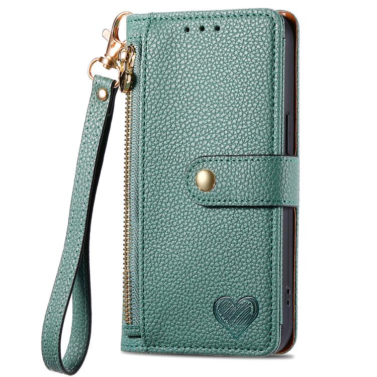 For iPhone 16e Love Zipper Lanyard Leather Phone Case(Green) - iPhone 16e Cases by PMC TechLife | Online Shopping South Africa | PMC TechLife | Buy Now Pay Later Mobicred