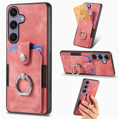 For Samsung Galaxy S25 Ultra 5G Retro Skin-feel Ring Card Wallet Phone Case(Pink) - Galaxy S25 Ultra 5G Cases by PMC Jewellery | Online Shopping South Africa | PMC Jewellery | Buy Now Pay Later Mobicred