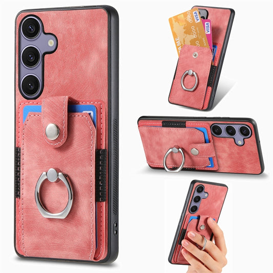 For Samsung Galaxy S25 Ultra 5G Retro Skin-feel Ring Card Wallet Phone Case(Pink) - Galaxy S25 Ultra 5G Cases by PMC Jewellery | Online Shopping South Africa | PMC Jewellery | Buy Now Pay Later Mobicred