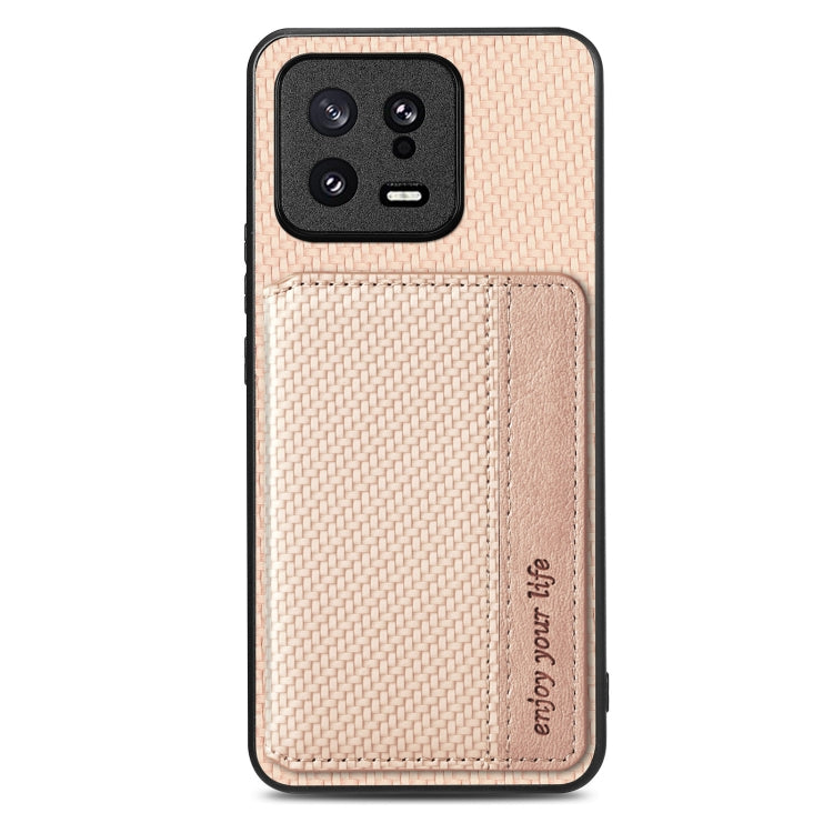 For Xiaomi 13 Carbon Fiber Magnetic Card Bag Phone Case(Khaki) - 13 Cases by PMC Jewellery | Online Shopping South Africa | PMC Jewellery | Buy Now Pay Later Mobicred