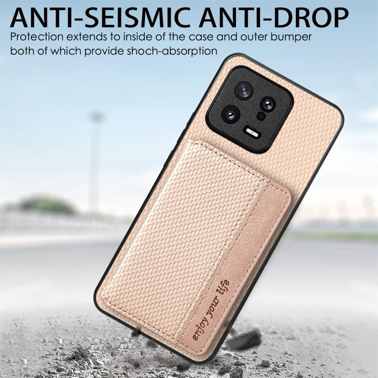For Xiaomi 13 Carbon Fiber Magnetic Card Bag Phone Case(Khaki) - 13 Cases by PMC TechLife | Online Shopping South Africa | PMC TechLife | Buy Now Pay Later Mobicred