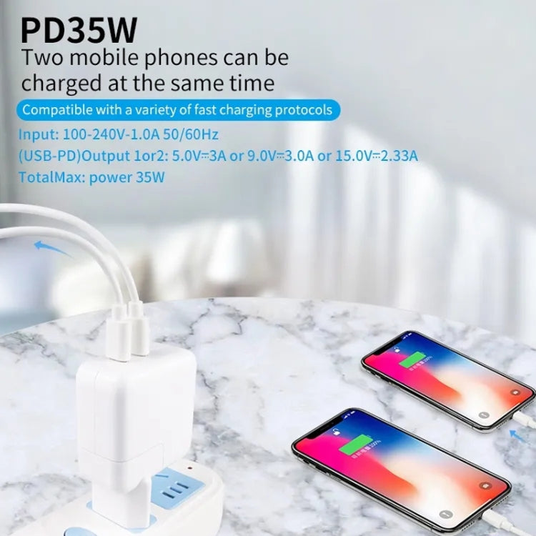 35W PD3.0 USB-C / Type-C Dual Port Charger with 1m Type-C to Type-C Data Cable, EU Plug - USB Charger by PMC Jewellery | Online Shopping South Africa | PMC Jewellery | Buy Now Pay Later Mobicred