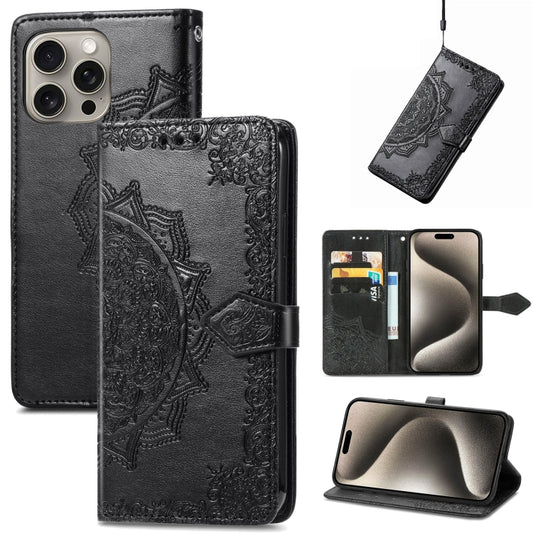 For iPhone 16 Pro Max Mandala Flower Embossed Leather Phone Case(Black) - iPhone 16 Pro Max Cases by PMC Jewellery | Online Shopping South Africa | PMC Jewellery | Buy Now Pay Later Mobicred