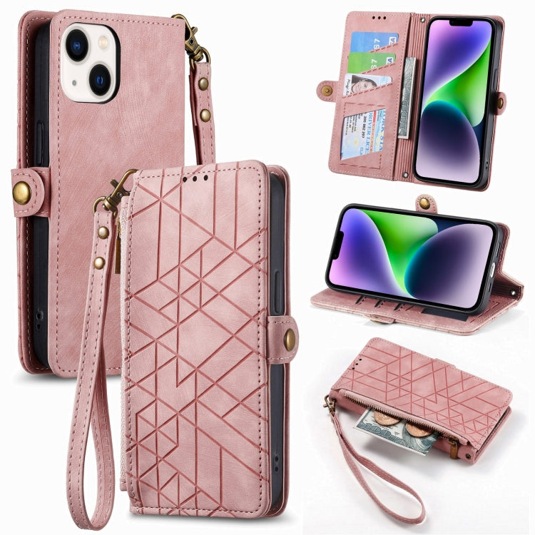 For iPhone 14 Geometric Zipper Wallet Side Buckle Leather Phone Case(Pink) - free shipping - PMC TechLife - Order now!