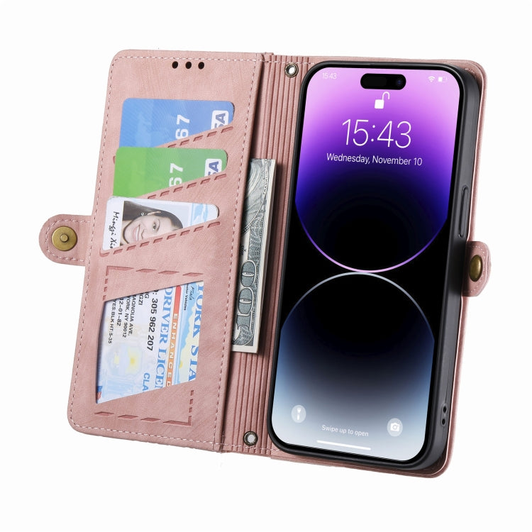 For iPhone 14 Geometric Zipper Wallet Side Buckle Leather Phone Case(Pink) - free shipping - PMC TechLife - Order now!