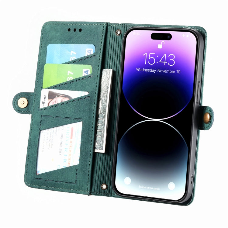 For iPhone 14 Pro Geometric Zipper Wallet Side Buckle Leather Phone Case(Green) - free shipping - PMC TechLife - Order now!