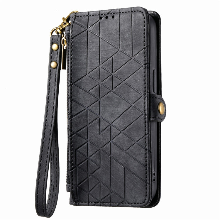 For iPhone 13 Pro Geometric Zipper Wallet Side Buckle Leather Phone Case(Black) - free shipping - PMC TechLife - Order now!