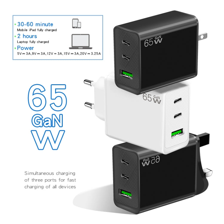 GaN PD65W Type-C x 2 + USB3.0 Charger with Type-C to Type-C Data Cable ,UK Plug(Black) - USB Charger by PMC Jewellery | Online Shopping South Africa | PMC Jewellery | Buy Now Pay Later Mobicred