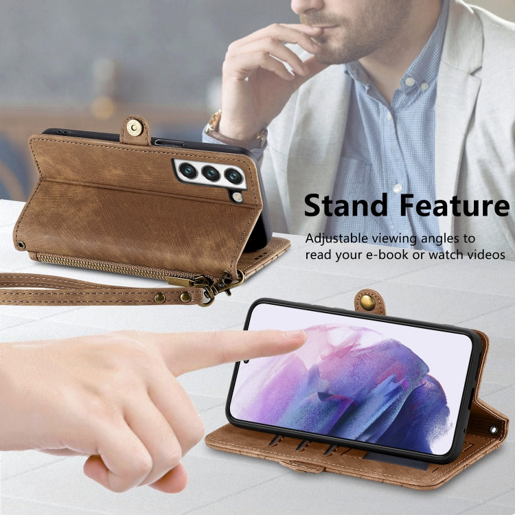 For Samsung Galaxy S22 5G Geometric Zipper Wallet Side Buckle Leather Phone Case(Brown) - free shipping - PMC TechLife - Order now!