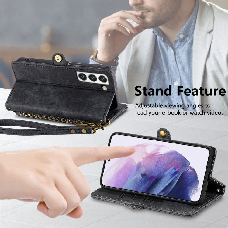 For Samsung Galaxy S21 FE 5G Geometric Zipper Wallet Side Buckle Leather Phone Case(Black) - free shipping - PMC TechLife - Order now!