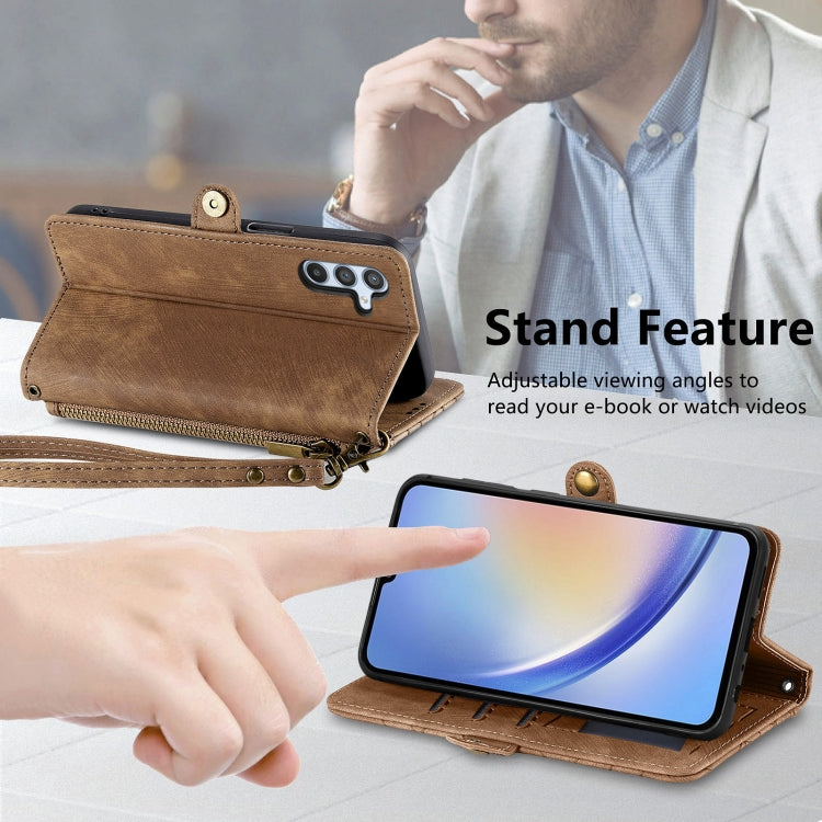 For Samsung Galaxy A12 Geometric Zipper Wallet Side Buckle Leather Phone Case(Brown) - free shipping - PMC TechLife - Order now!