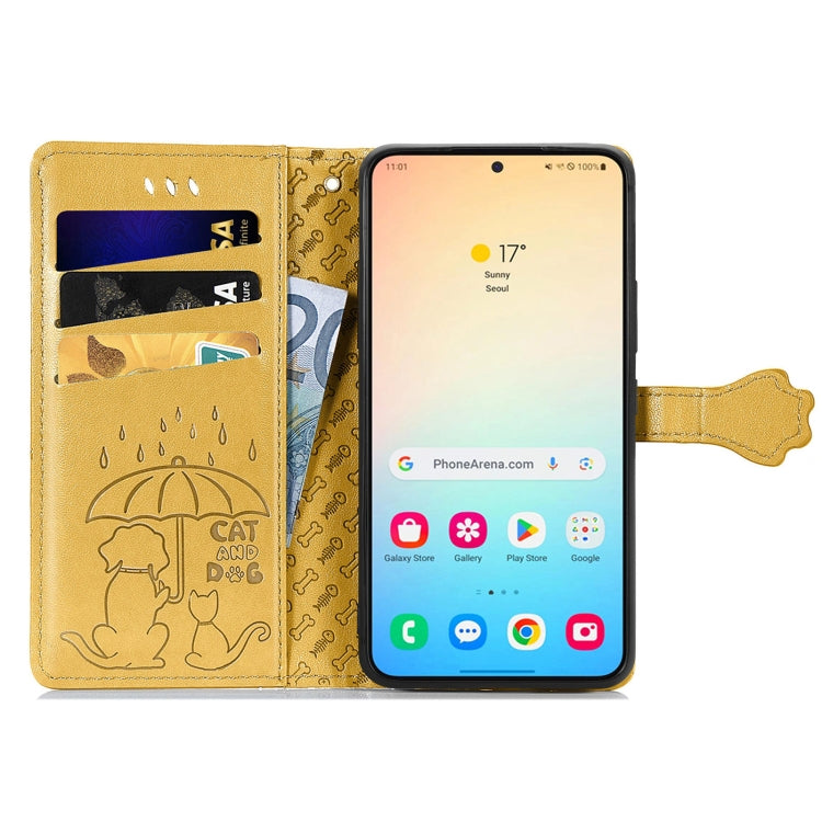 For Samsung Galaxy S25+ 5G Cat and Dog Embossed Leather Phone Case(Yellow) - free shipping - PMC Jewellery - Order now!