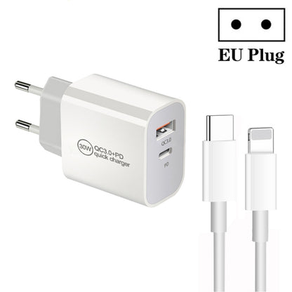 PD30W USB-C / Type-C + QC3.0 USB Dual Port Charger with 1m Type-C to 8 Pin Data Cable, EU Plug - USB Charger by PMC Jewellery | Online Shopping South Africa | PMC Jewellery | Buy Now Pay Later Mobicred