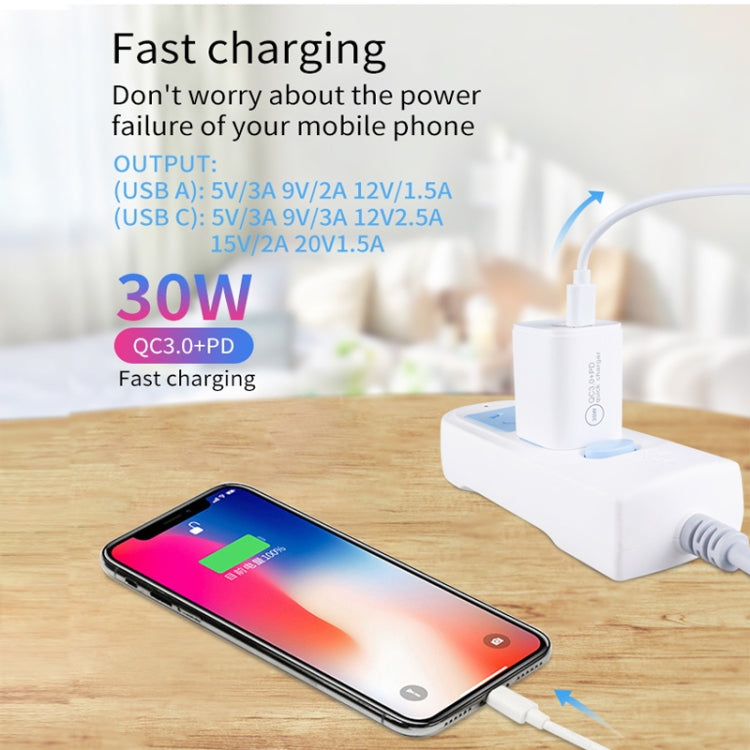 PD30W USB-C / Type-C + QC3.0 USB Dual Port Charger with 1m USB to 8 Pin Data Cable, US Plug - USB Charger by PMC Jewellery | Online Shopping South Africa | PMC Jewellery | Buy Now Pay Later Mobicred