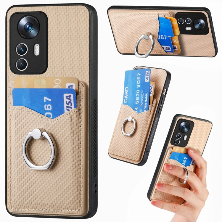 For Xiaomi 12T Pro Carbon Fiber Card Wallet Ring Holder Phone Case(Khaki) - Xiaomi Cases by PMC TechLife | Online Shopping South Africa | PMC TechLife | Buy Now Pay Later Mobicred