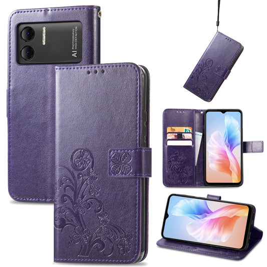 For DOOGEE X98 Pro / X98 Four-leaf Clasp Embossed Buckle Leather Phone Case(Purple) - Doogee Cases by PMC Jewellery | Online Shopping South Africa | PMC Jewellery | Buy Now Pay Later Mobicred