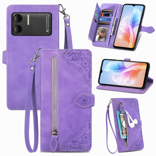 For DOOGEE X98 Pro / X98 Embossed Flower Zipper Leather Phone Case(Purple) - Doogee Cases by PMC Jewellery | Online Shopping South Africa | PMC Jewellery | Buy Now Pay Later Mobicred