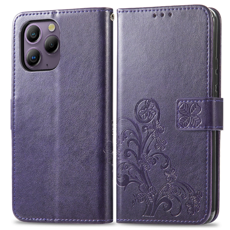 For Blackview A96 Four-leaf Clasp Embossed Buckle Leather Phone Case(Purple) - More Brand by PMC Jewellery | Online Shopping South Africa | PMC Jewellery