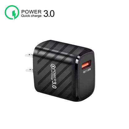 TE-005 QC3.0 18W USB Fast Charger with 1m 3A USB to 8 Pin Cable, US Plug(Black) - USB Charger by PMC Jewellery | Online Shopping South Africa | PMC Jewellery | Buy Now Pay Later Mobicred