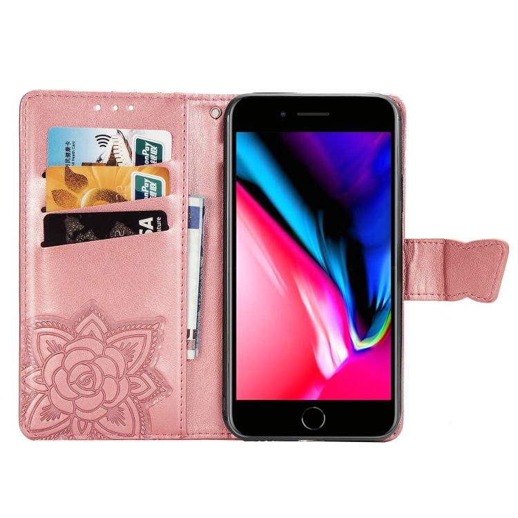 For iPhone 16e Butterfly Love Flower Embossed Leather Phone Case(Rose Gold) - iPhone 16e Cases by PMC TechLife | Online Shopping South Africa | PMC TechLife | Buy Now Pay Later Mobicred
