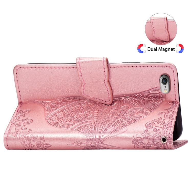 For iPhone 16e Butterfly Love Flower Embossed Leather Phone Case(Rose Gold) - iPhone 16e Cases by PMC TechLife | Online Shopping South Africa | PMC TechLife | Buy Now Pay Later Mobicred