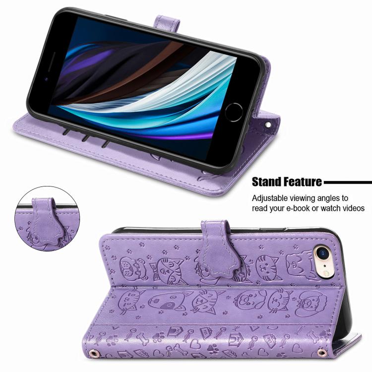 For iPhone 16e Cat and Dog Embossed Leather Phone Case(Purple) - iPhone 16e Cases by PMC TechLife | Online Shopping South Africa | PMC TechLife | Buy Now Pay Later Mobicred