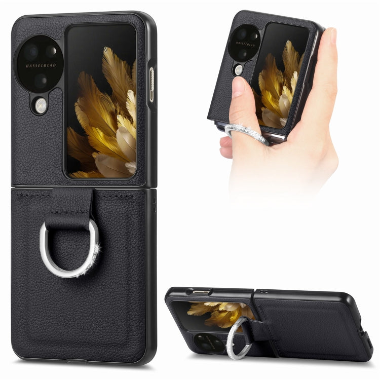 For OPPO Find N3 Flip Litchi PU Diamond-encrusted Ring Phone Case(Black) - Find N3 Flip Cases by PMC Jewellery | Online Shopping South Africa | PMC Jewellery