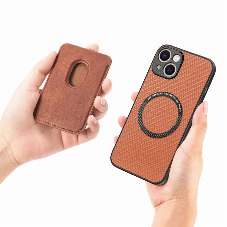 For iPhone 15 Plus Carbon Fiber Leather Card Magsafe Phone Case(Brown) - iPhone 15 Plus Cases by PMC TechLife | Online Shopping South Africa | PMC TechLife