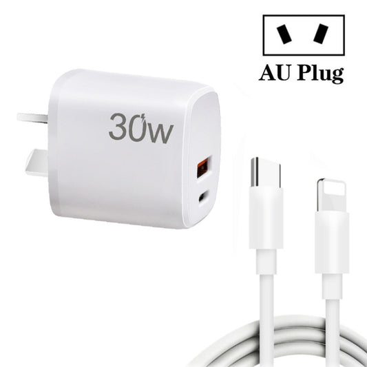 PD30W USB-C / Type-C + QC3.0 USB Charger with 1m Type-C to 8 Pin Data Cable, AU Plug(White) - USB Charger by PMC Jewellery | Online Shopping South Africa | PMC Jewellery | Buy Now Pay Later Mobicred