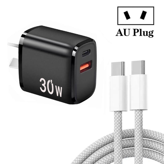 PD30W USB-C / Type-C + QC3.0 USB Charger with 1m Type-C to Type-C Data Cable, AU Plug(Black) - USB Charger by PMC Jewellery | Online Shopping South Africa | PMC Jewellery | Buy Now Pay Later Mobicred