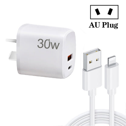 PD30W USB-C / Type-C + QC3.0 USB Charger with 1m USB to 8 Pin Data Cable, AU Plug(White) - USB Charger by PMC Jewellery | Online Shopping South Africa | PMC Jewellery | Buy Now Pay Later Mobicred