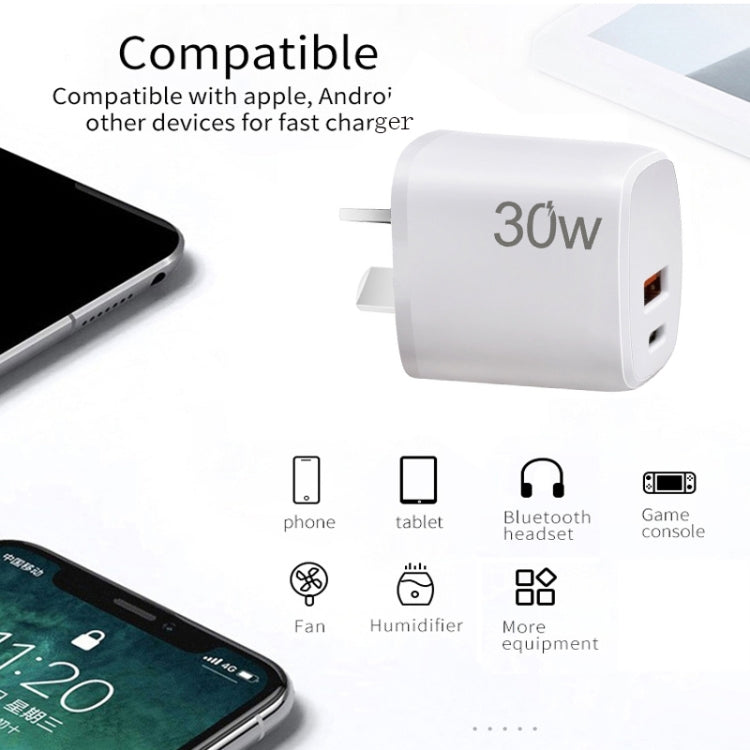 PD30W USB-C / Type-C + QC3.0 USB Charger with 1m USB to 8 Pin Data Cable, AU Plug(White) - USB Charger by PMC Jewellery | Online Shopping South Africa | PMC Jewellery | Buy Now Pay Later Mobicred