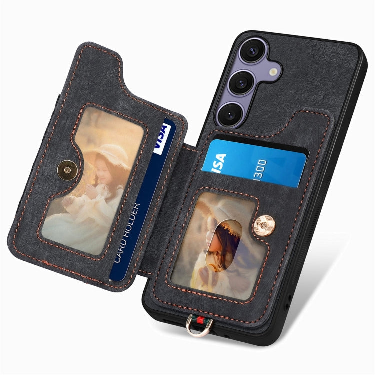 For Samsung Galaxy S25 5G Retro Skin-feel Ring Multi-card Wallet Phone Case(Black) - Galaxy S25 5G Cases by PMC TechLife | Online Shopping South Africa | PMC TechLife | Buy Now Pay Later Mobicred