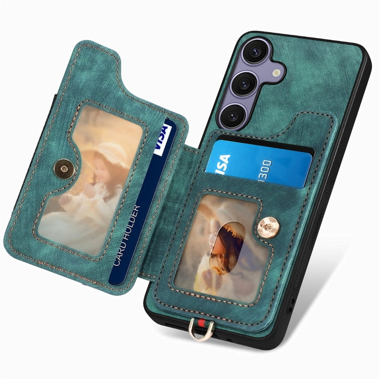 For Samsung Galaxy S25+ 5G Retro Skin-feel Ring Multi-card Wallet Phone Case(Green) - Galaxy S25+ 5G Cases by PMC TechLife | Online Shopping South Africa | PMC TechLife | Buy Now Pay Later Mobicred
