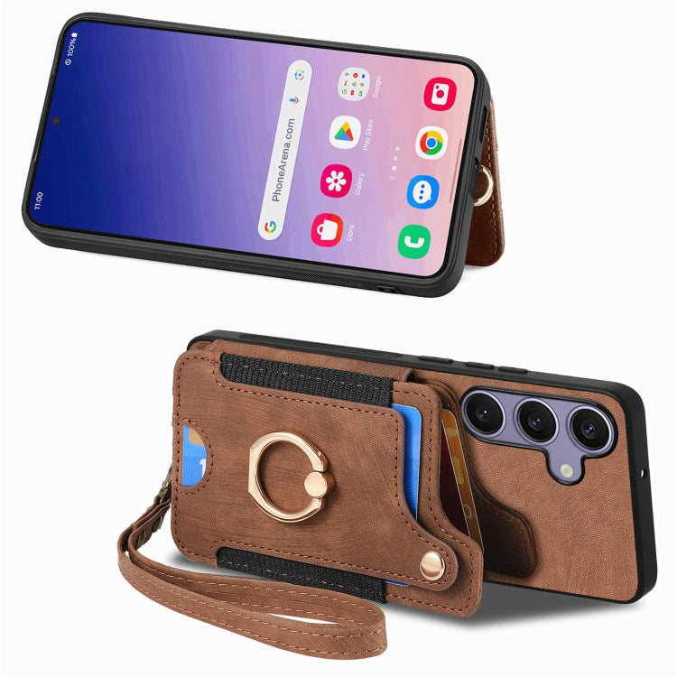 For Samsung Galaxy S25+ 5G Retro Skin-feel Ring Multi-card Wallet Phone Case(Brown) - Galaxy S25+ 5G Cases by PMC TechLife | Online Shopping South Africa | PMC TechLife | Buy Now Pay Later Mobicred