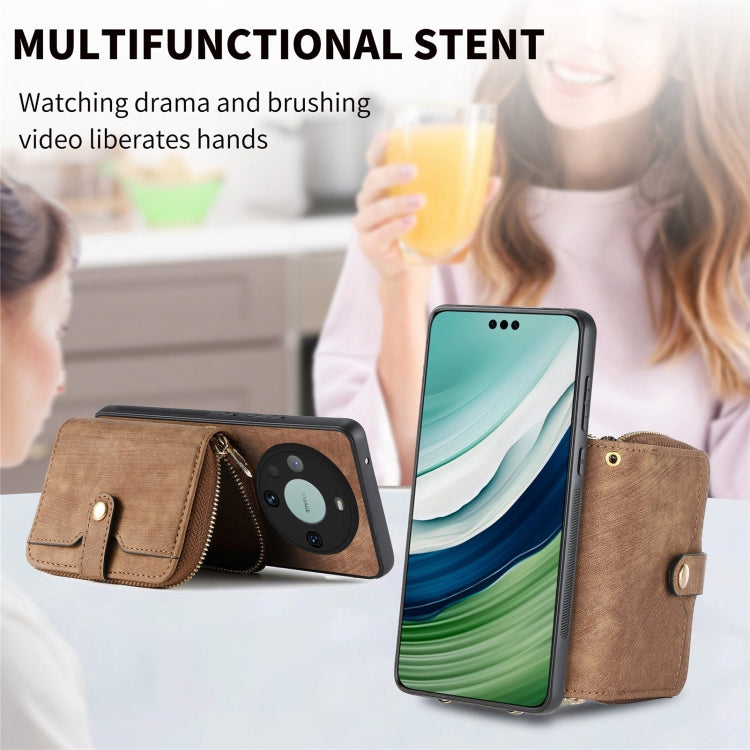 For Huawei Mate 60 Pro Crossbody Multi-function Zipper Wallet Phone Case(Brown) - Huawei Cases by PMC TechLife | Online Shopping South Africa | PMC TechLife | Buy Now Pay Later Mobicred