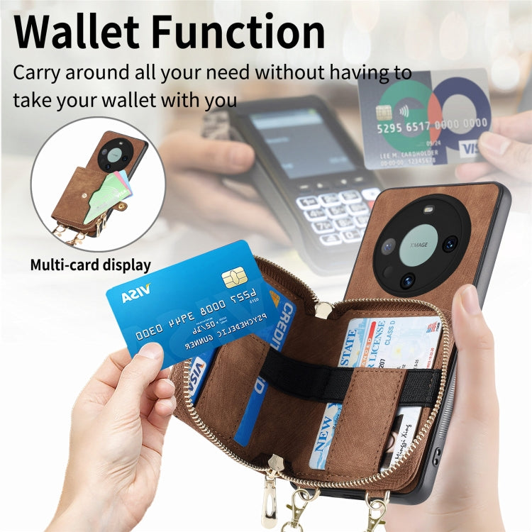 For Huawei Mate 60 Pro Crossbody Multi-function Zipper Wallet Phone Case(Brown) - Huawei Cases by PMC TechLife | Online Shopping South Africa | PMC TechLife | Buy Now Pay Later Mobicred