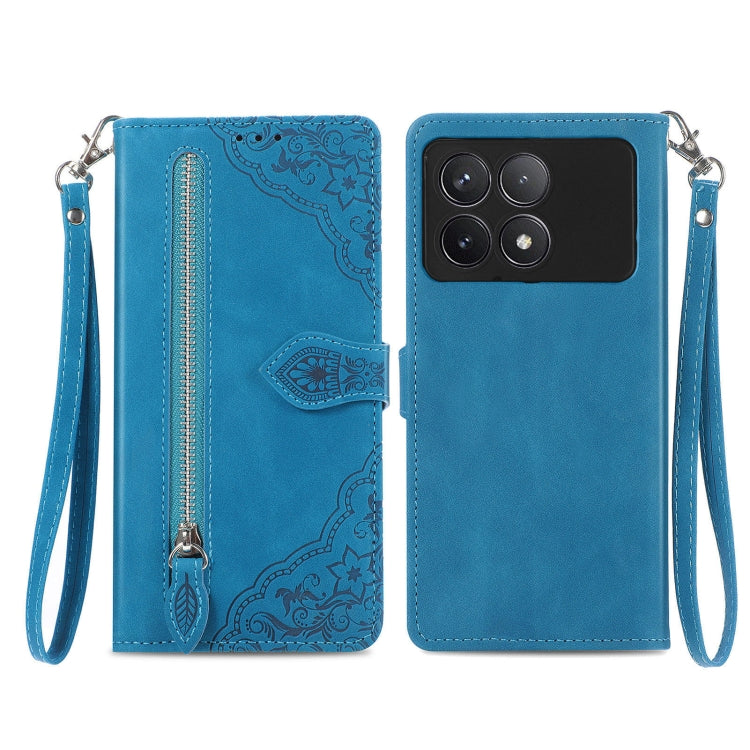 For Xiaomi Redmi K70 Embossed Flower Zipper Leather Phone Case(Blue) - K70 Cases by PMC Jewellery | Online Shopping South Africa | PMC Jewellery | Buy Now Pay Later Mobicred