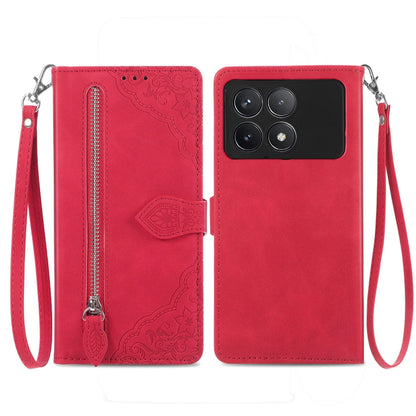 For Xiaomi Redmi K70 Embossed Flower Zipper Leather Phone Case(Red) - K70 Cases by PMC Jewellery | Online Shopping South Africa | PMC Jewellery | Buy Now Pay Later Mobicred