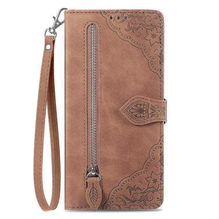 For Xiaomi Redmi K70 Pro Embossed Flower Zipper Leather Phone Case(Brown) - K70 Pro Cases by PMC Jewellery | Online Shopping South Africa | PMC Jewellery | Buy Now Pay Later Mobicred