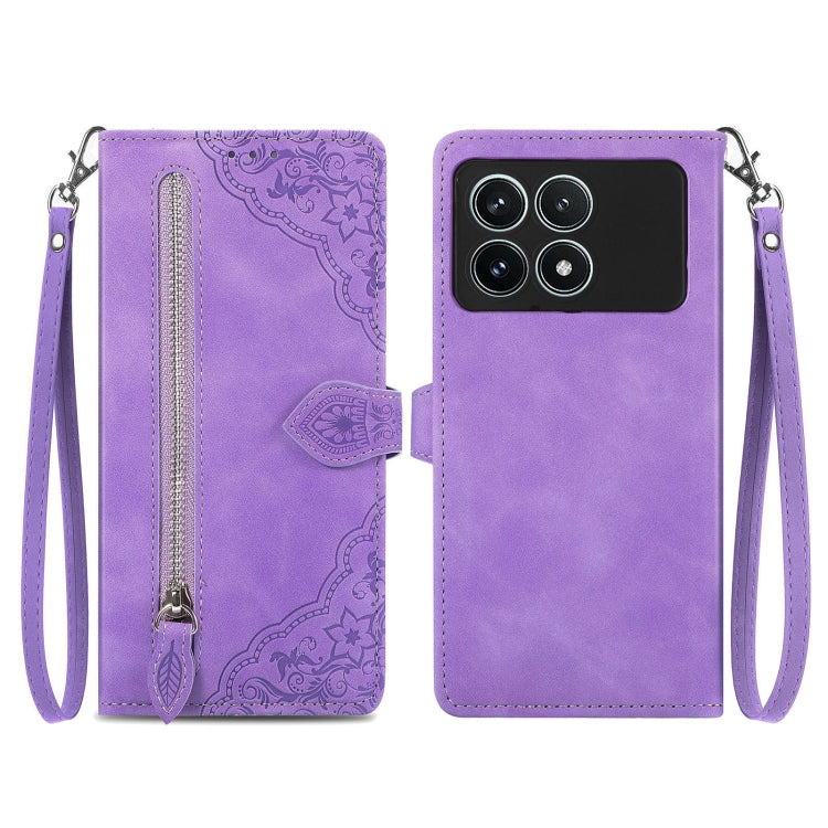 For Xiaomi Redmi K70 Pro Embossed Flower Zipper Leather Phone Case(Purple) - K70 Pro Cases by PMC Jewellery | Online Shopping South Africa | PMC Jewellery | Buy Now Pay Later Mobicred