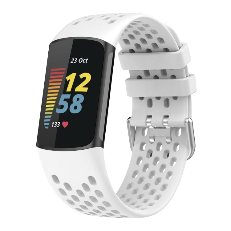 For Fitbit Charge 5 Solid Color Breathable Sports Silicone Watch Band(White) - Watch Bands by PMC TechLife | Online Shopping South Africa | PMC TechLife | Buy Now Pay Later Mobicred