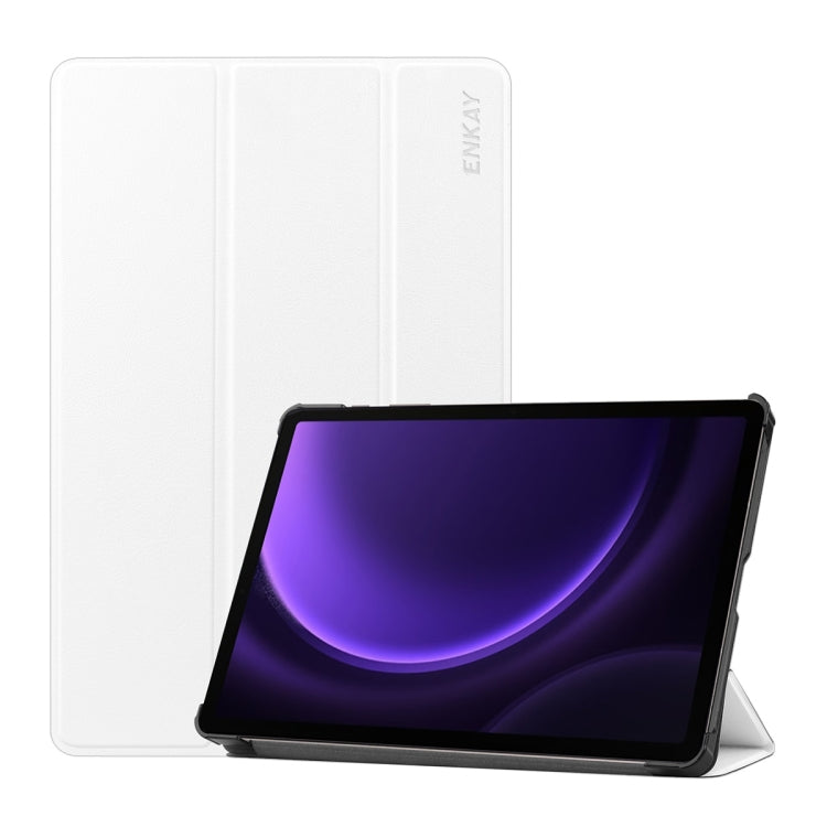 For Samsung Galaxy Tab S9 FE ENKAY Tri-fold Custer Texture Leather Smart Tablet Case(White) - free shipping - PMC Jewellery - Order now!