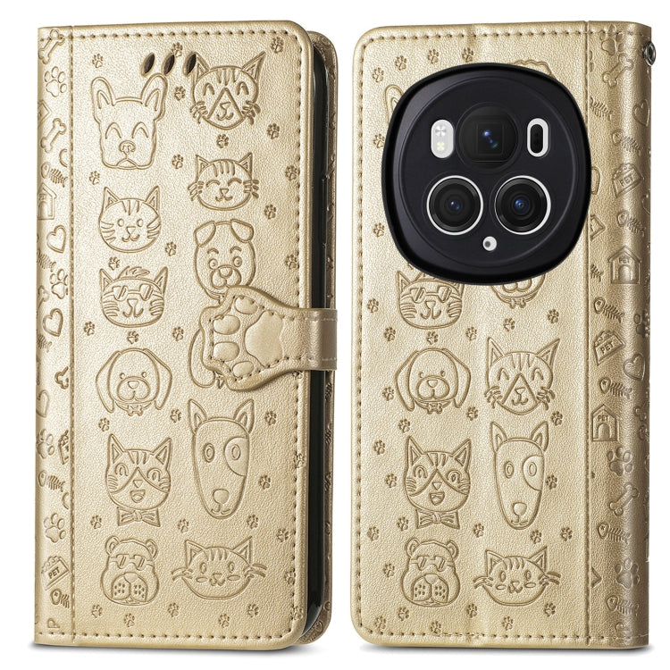 For Honor Magic6 Pro Cat and Dog Embossed Leather Phone Case(Gold) - Honor Cases by PMC Jewellery | Online Shopping South Africa | PMC Jewellery | Buy Now Pay Later Mobicred