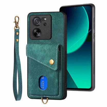 For Xiaomi 13T / 13T Pro Retro Card Wallet Fold Leather Phone Case with Strap(Green) - Xiaomi Cases by PMC Jewellery | Online Shopping South Africa | PMC Jewellery | Buy Now Pay Later Mobicred