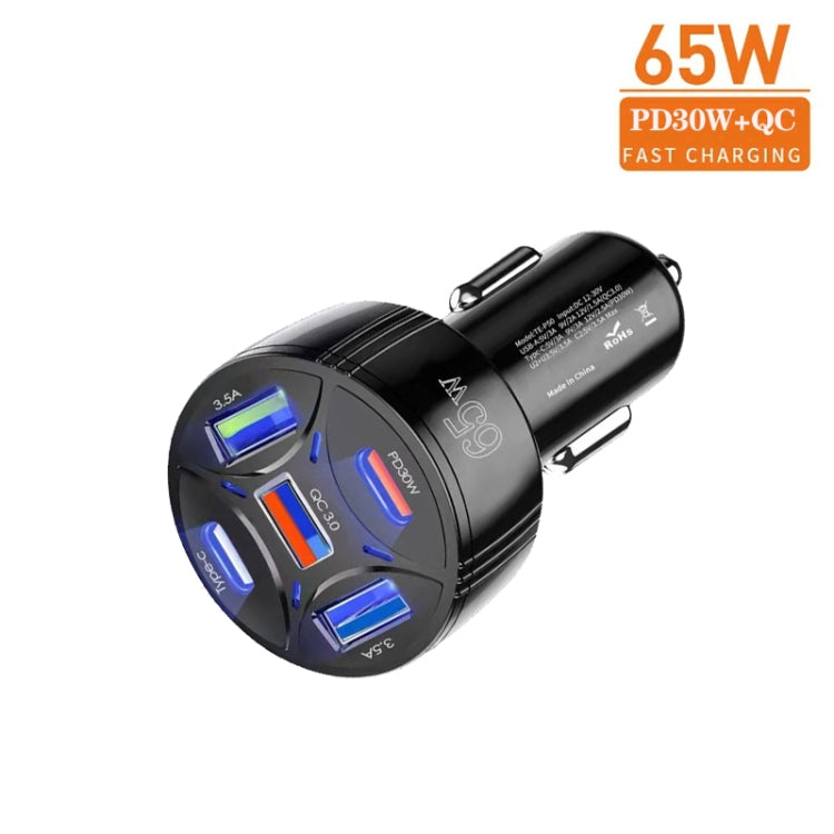 TE-P50 65W PD30W Type-C x 2 + USB x 3 Multi Port Car Charger with 1m Type-C to 8 Pin Data Cable(Black) - Car Charger by PMC Jewellery | Online Shopping South Africa | PMC Jewellery | Buy Now Pay Later Mobicred